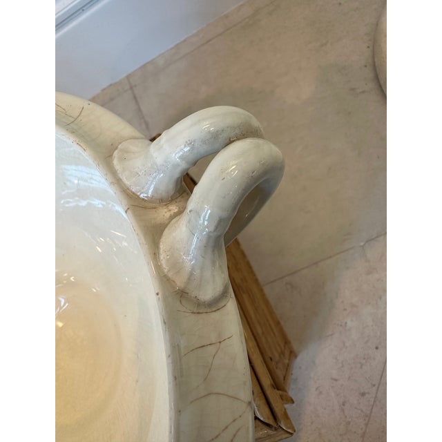 Antique White Vintage Art Deco Sarreguemines France Porcelain Bowl, Footed With Handles For Sale - Image 8 of 16