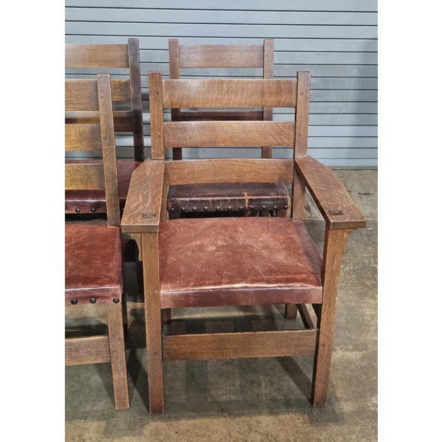 Stickley Set of 6 Stickley Arts & Crafts Oak Dining Chairs Leather Seats Early Gustav Stickley For Sale - Image 4 of 13