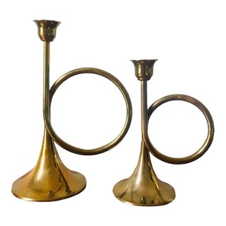 Vintage Brass Trumpet Candle Holders - a Pair For Sale