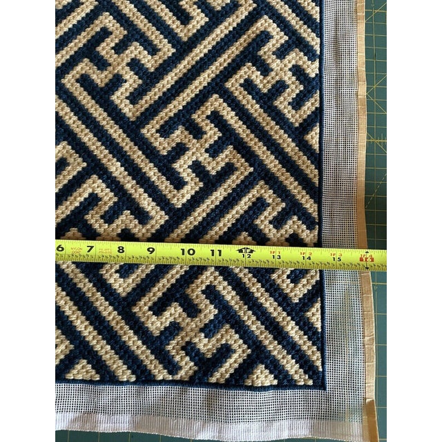 1970s Geometric Needlepoint Navy Blue and Cream Finished Canvas For Sale - Image 4 of 7