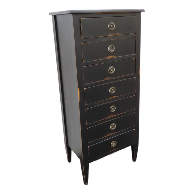 Distressed Painted Black Tall Narrow Lingerie Jewelry Chest 6334 For Sale