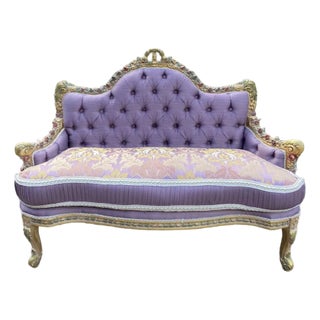 1980 French Louis XVI Gilded Beech Purple Damask Settee For Sale