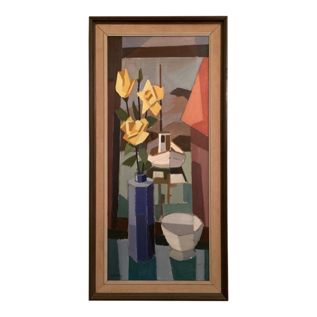 Mid 20th Century Tall & Narrow Cubist Still Life W/ Yellow Daffodills For Sale