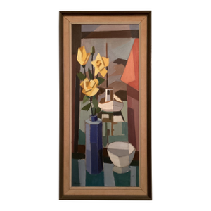 Mid 20th Century Tall & Narrow Cubist Still Life W/ Yellow Daffodills