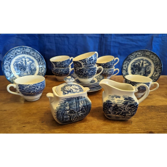 1970s Staffordshire Liberty Blue Coffee Cups/Saucers, Creamer, Sugar Bowl Service for 8- 19 Pieces For Sale - Image 10 of 10