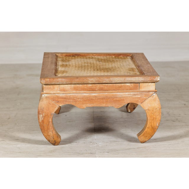Country Style Low Wood Coffee Table with Woven Mat Top and Curved Legs For Sale - Image 12 of 12
