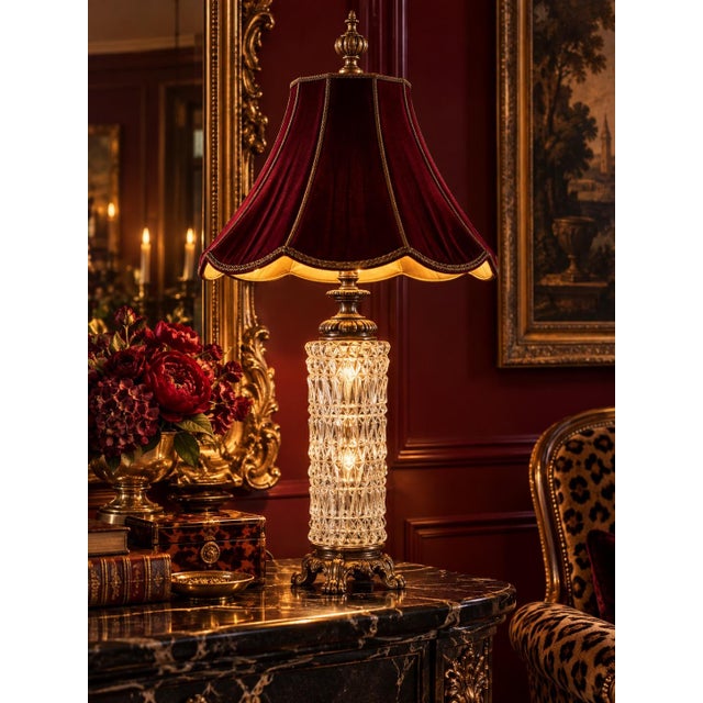 Mid 20th Century Vintage Illuminated Crystal Lamp With Oxblood Velvet Pagoda Shade For Sale - Image 5 of 9