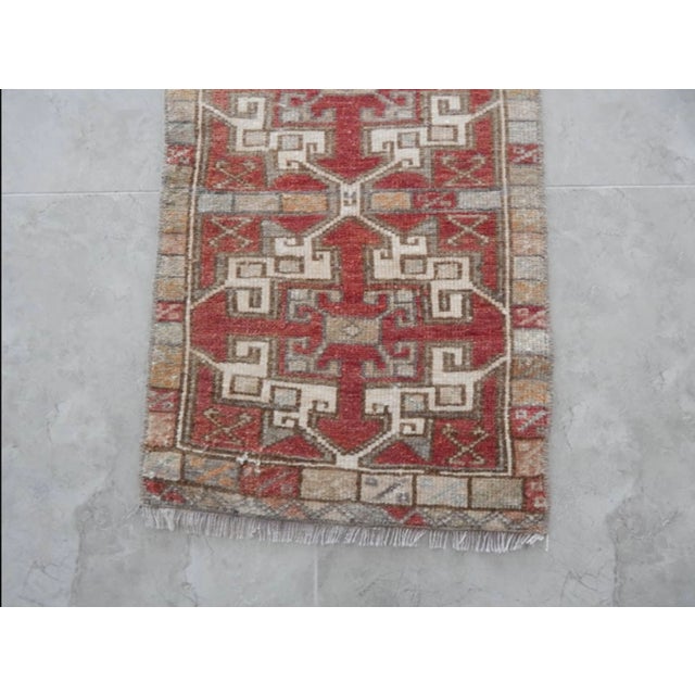 Textile Distressed Low Pile Yastik Rug Faded Mat For Sale - Image 7 of 9