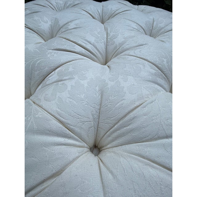 Wood Traditional Round Upholstered Damask Tufted Ottoman For Sale - Image 7 of 8