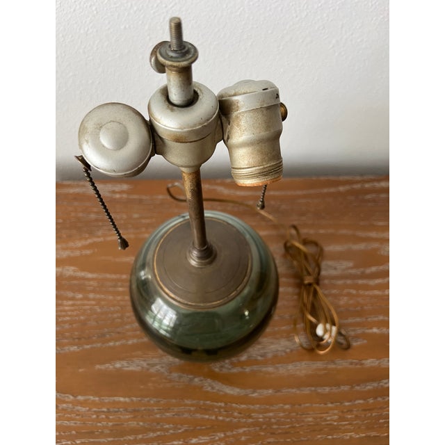 Petite 1930s Art Deco Smoke Blue-Green-Grey Art Glass Table Lamp With Patinated Metal Base For Sale - Image 4 of 11