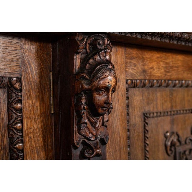English Carved Oak Breakfront Glazed Bookcase, 1870s For Sale - Image 14 of 18