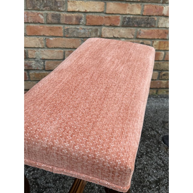 Beautiful antique newly upholstered bench! The fabric is a stylish coral chenille with a subtle white diamond pattern...