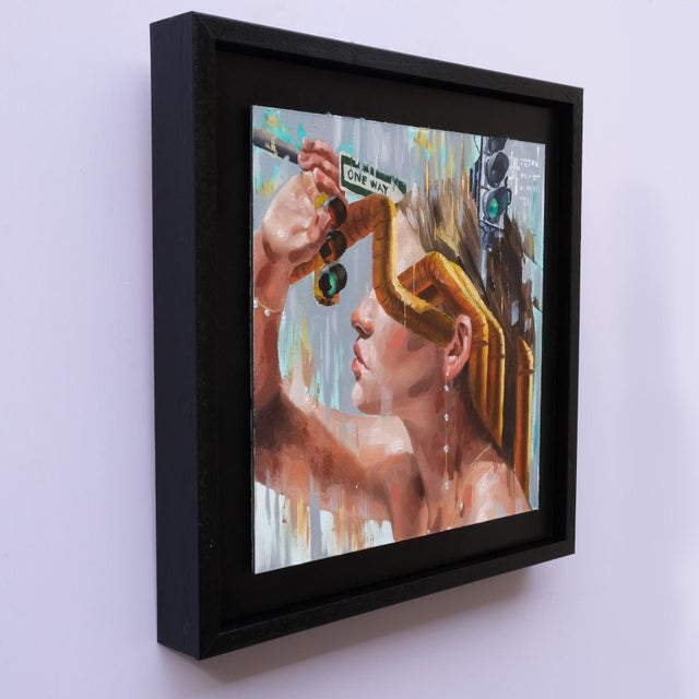 Safe Passage by Stefan Smit | Oil Painting of a woman holding a paint roller and traffic sign. For Sale