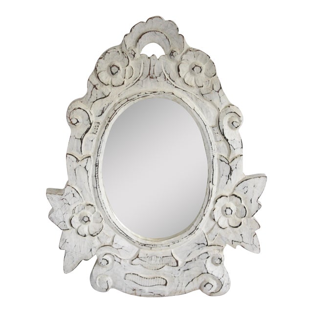 White Distressed Carved Wood Mirror Chairish