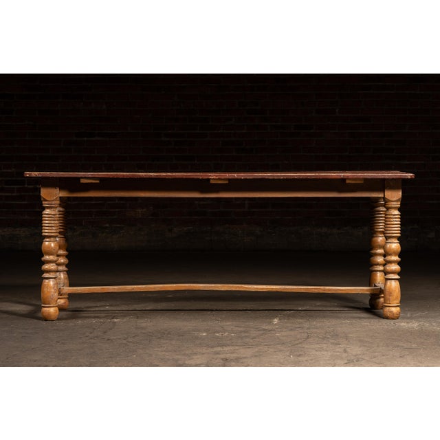 Early 20th Century Primitive Painted Pine Harvest Table For Sale - Image 4 of 10