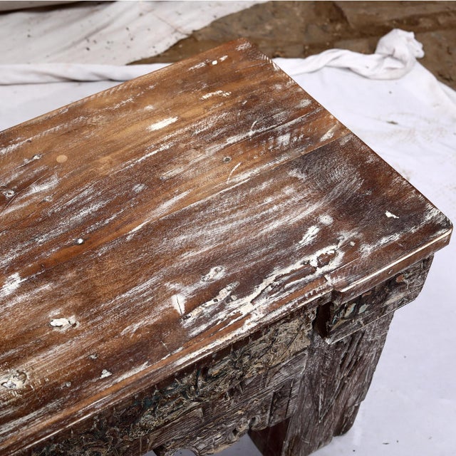 Indian Bench Constructed From Recycled Indian Carved Elements and Reclaimed Wood For Sale - Image 3 of 7