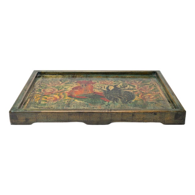 Chinese Painted Rooster Tray, 1940 For Sale