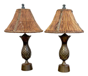 1990s Coastal Bronze Pineapple Lamps, Custom Rattan Shades & Pineapple Finials - a Pair