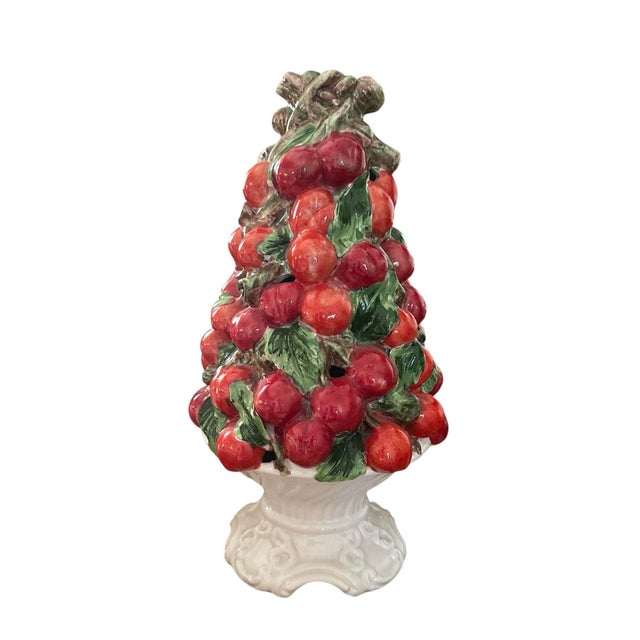 Hollywood Regency Vintage Italian Majolica Cherry Topiary / Ceramic / Trompe l'Oeil Cherries in Footed Pedestal Pot Centerpiece For Sale - Image 3 of 9
