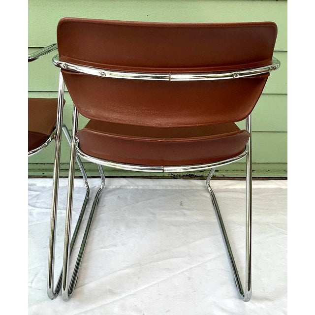 Metal 1970s Mid-Century Chrome Stacker Chairs – Pair, Stackable Office or Dining Seating, Sculptural Brown Seats For Sale - Image 7 of 11