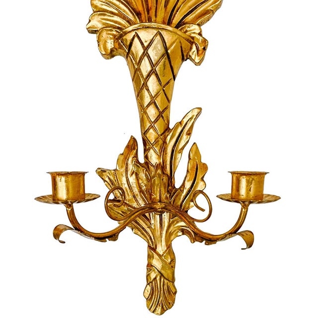 Rococo 1960 Italian Rococo Giltwood & Tole Two-Arm Candlestick Wall Sconces - A Pair For Sale - Image 3 of 8