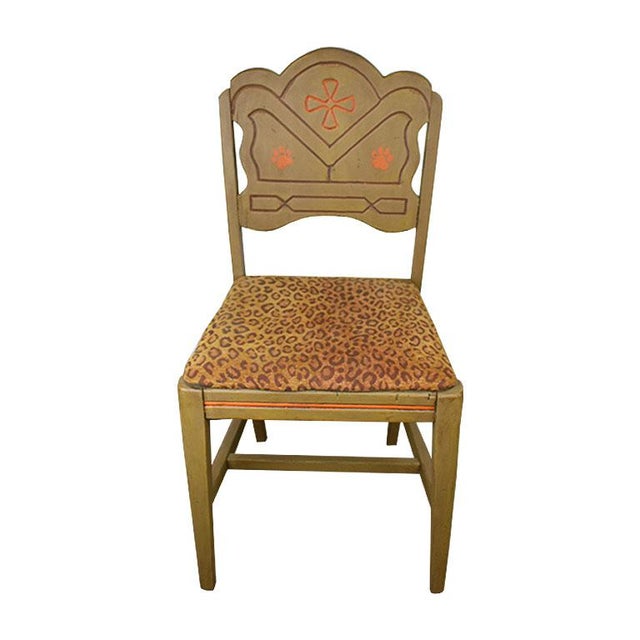 Hand Painted Feline Motif Upholstered Leopard Print Wood Chair in Green & Orange For Sale In Oklahoma City - Image 6 of 6