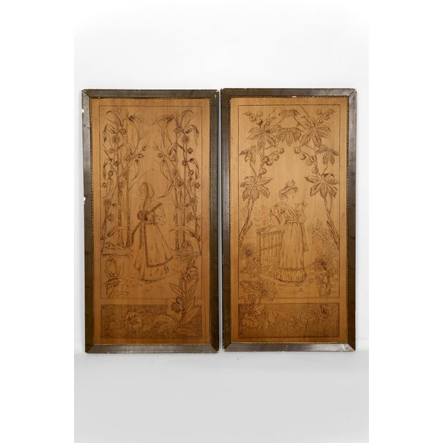 Art Nouveau Pyrographed Panels with Autumn and Winter Seasons, France, 1900s, Set of 2 For Sale - Image 16 of 16