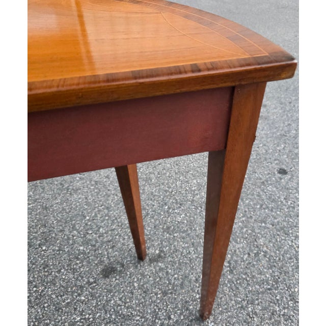 Pair of American Federal Revival Mahogany Demilune Console Tables With Satinwood Fan Inlay and Stringing, Mid-20th Century For Sale - Image 12 of 12