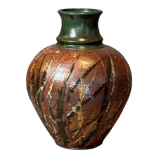 Mid 20th Century Signed Handcrafted Stoneware Vase With Rich Earthy Glaze For Sale