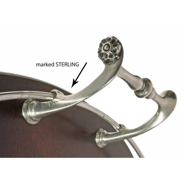 1900 - 1909 Antique American Sterling Silver Mounted Inlaid Wood Oval Gallery Serving Tray For Sale - Image 5 of 5