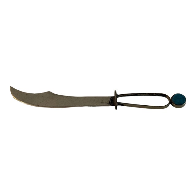 Vintage Alpaca Silver Miniature Letter Opener With Turquoise Accent For Sale