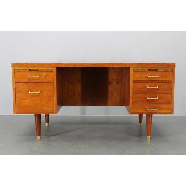Mid-Century Danish Teak Writing Desk with Brass Details, 1960s For Sale - Image 3 of 18