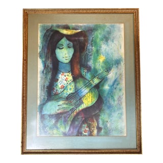 1960’s Original Yehuda Vardi Girl Playing a Guitar Lithograph For Sale