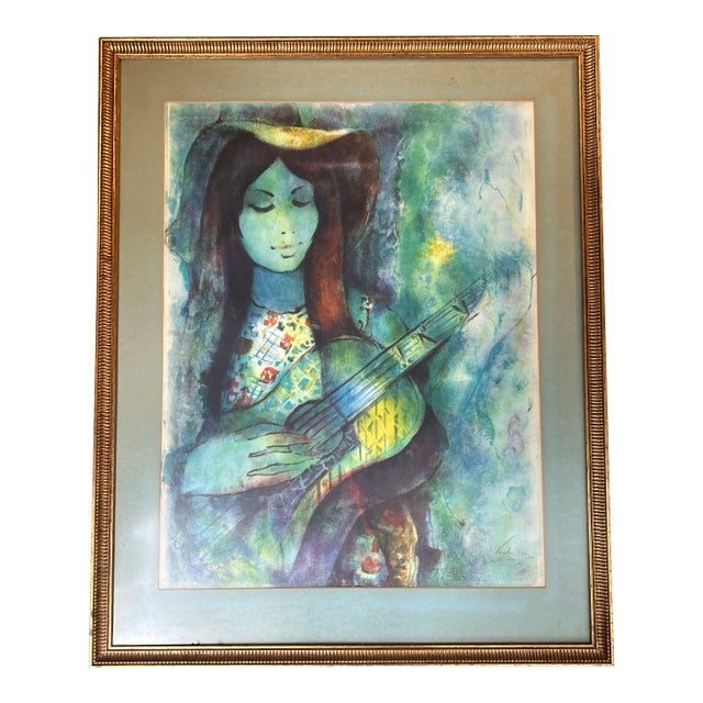 1960’s Original Yehuda Vardi Girl Playing a Guitar Lithograph For Sale