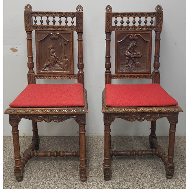 Mid 20th Century Pair Jacobean Style Carved Oak and Caned Seat Side Chairs For Sale - Image 4 of 14