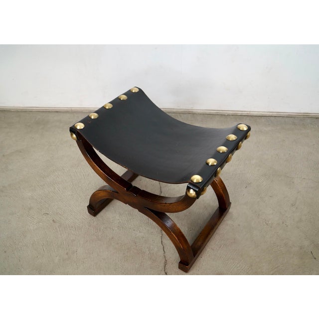1960s 1960’s Hollywood Regency Leather & Brass Sling Stool For Sale - Image 5 of 12
