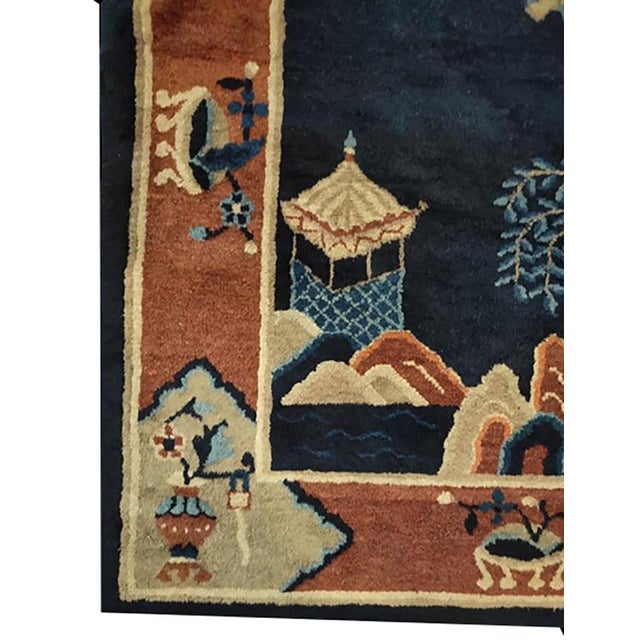 Chinese 1930s Small Blue Fiel Antique Scenic Chinese Crane Design Peking Scatter Rug For Sale - Image 3 of 4