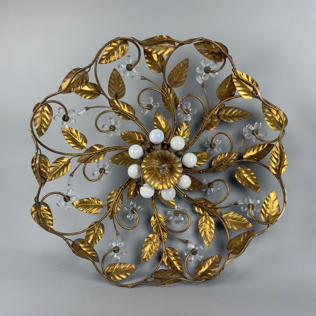 Large Vintage Gold Wrought Iron Ceiling Light with Glass Flowers, 1970s For Sale - Image 6 of 13