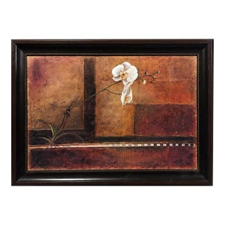 Textured White Orchid Oil Painting in Dark Wood Frame For Sale