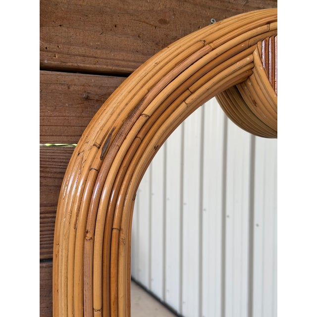 Tan Vintage Coastal Boho Refinished Pencil Reed Rattan Sculptural Arch Wall Mirror For Sale - Image 8 of 12