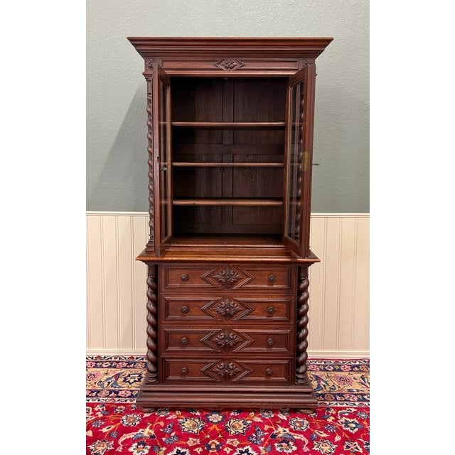 Wood Antique French Bookcase & Chest of Drawers Display Cabinet Barley Twist Oak For Sale - Image 7 of 13