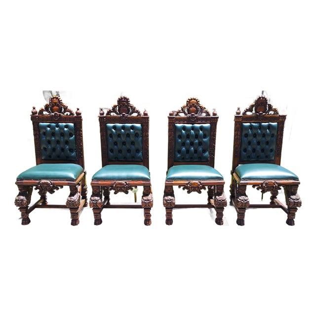 Antique Italian Renaissance Revival Hand Carved Dining Chairs Set of 4 For Sale