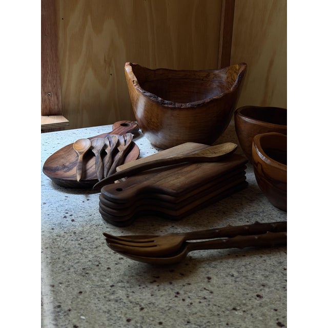 Hand-Carved Olive Wood Serveware, 1980s, Set of 16 For Sale - Image 9 of 18
