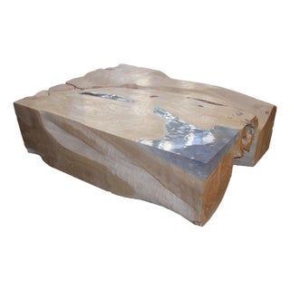Andrianna Shamaris St. Barts Bleached Teak Wood and Aqua Resin Coffee Table For Sale