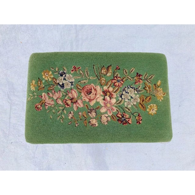 Vintage mahogany bench newly painted in off white with floral needlepoint upholstery, no makers mark , in excellent...