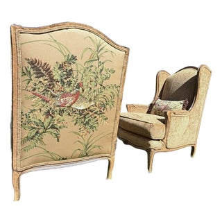 Pair of Louis XV-Style Pheasant & Botanical Upholstered Fauteuil Armchairs For Sale