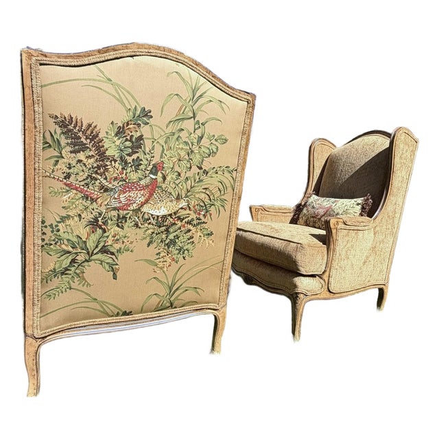 Pair of Louis XV-Style Pheasant & Botanical Upholstered Fauteuil Armchairs For Sale