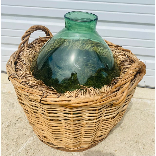 1960s Vintage Hand Blown French Country Green Glass Jar With Basket. For Sale - Image 5 of 9