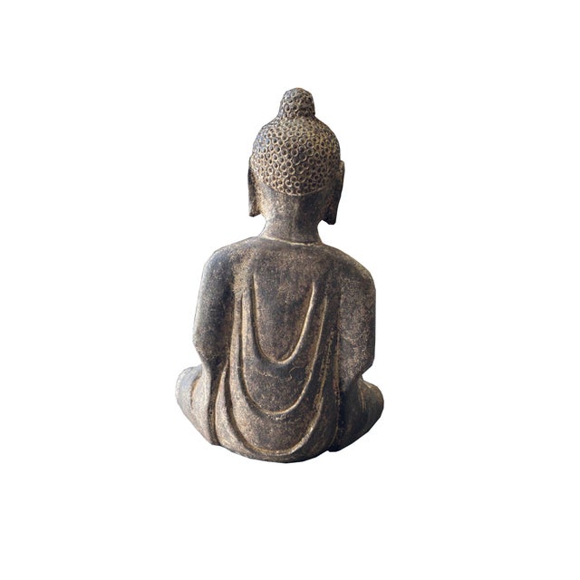 Stone 13.5" Black Brown Distressed Marks Small Stone Sitting Buddha Statue For Sale - Image 7 of 8