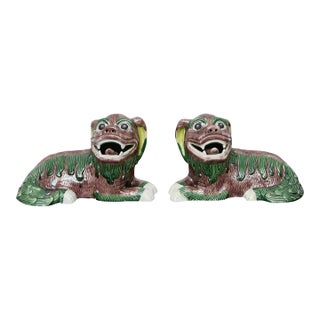 Pair of Vintage Asian Glazed Ceramic Foo Dogs Figurines For Sale